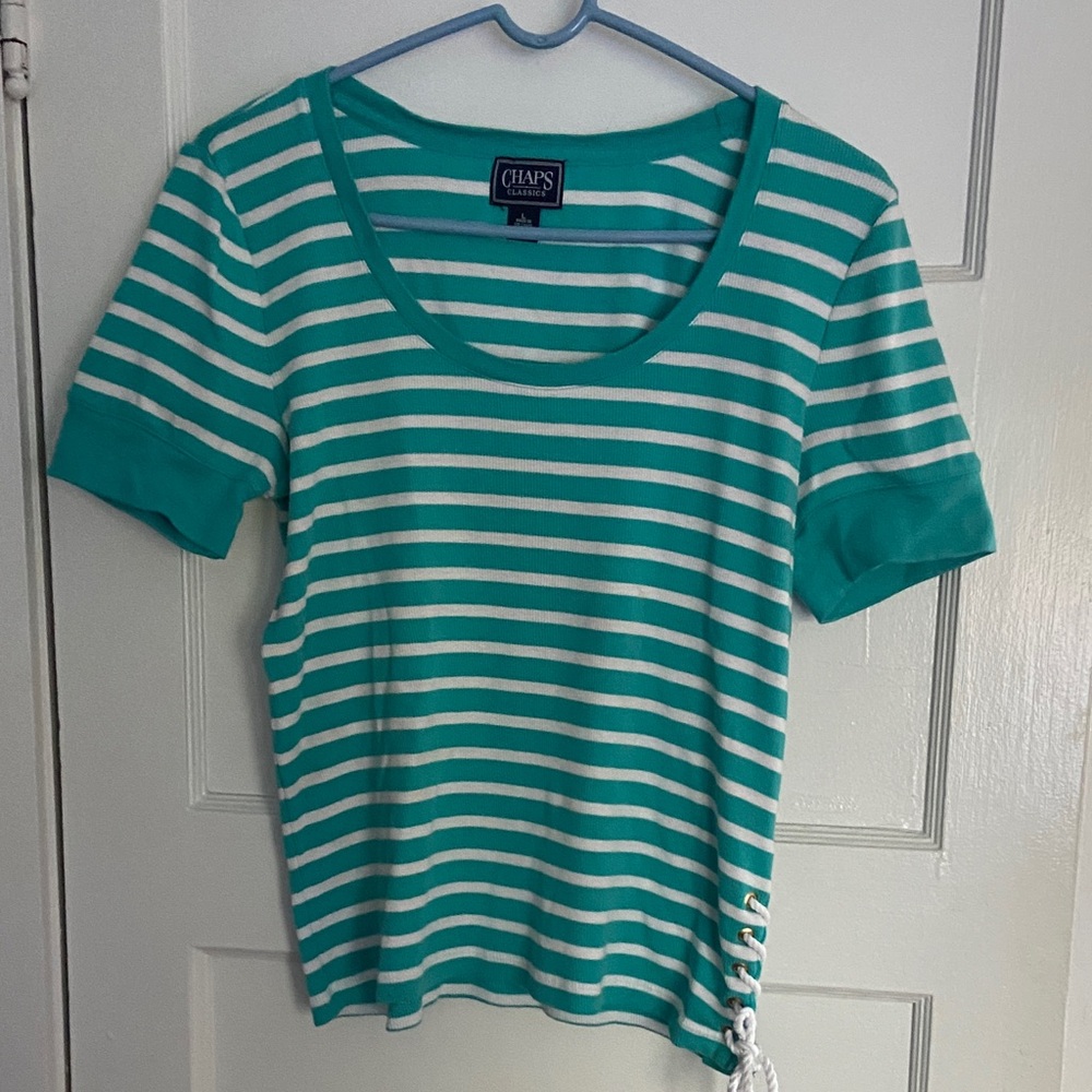 Chaps Women's Teal and White Striped Short Sleeve Tee